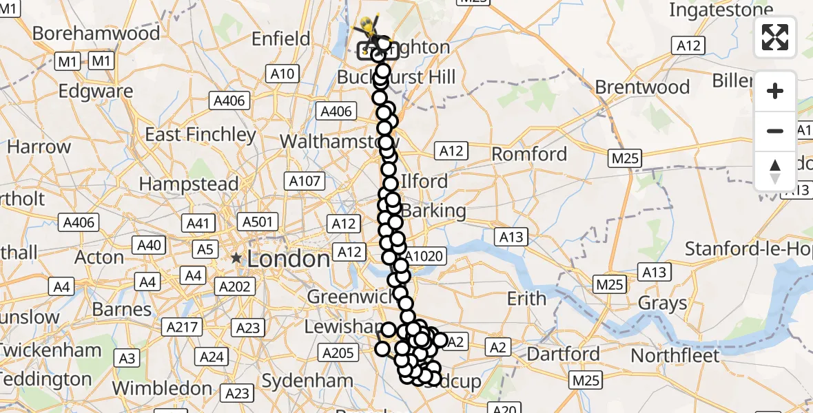 Flight route Police Helicopter Sewardstonebury - Metropolitan Police Air Support Unit Lippitts Hill, 01 October 2026, 21:59