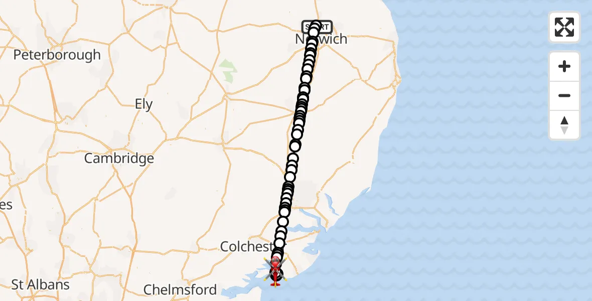 Flight route Air Ambulance Helicopter Norwich Airport - Brightlingsea, 01 October 2026, 22:15