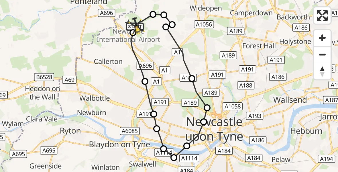 Flight route Police Helicopter Newcastle International Airport - Newcastle International Airport, 01 October 2026, 22:23
