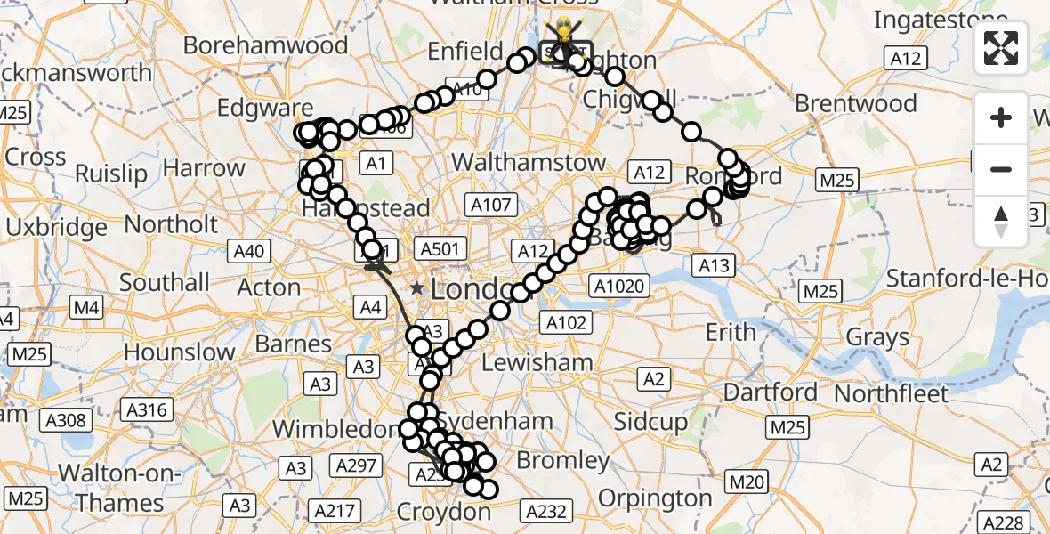 Flight route Police Helicopter Metropolitan Police Air Support Unit Lippitts Hill - Sewardstonebury, 01 October 2026, 22:55