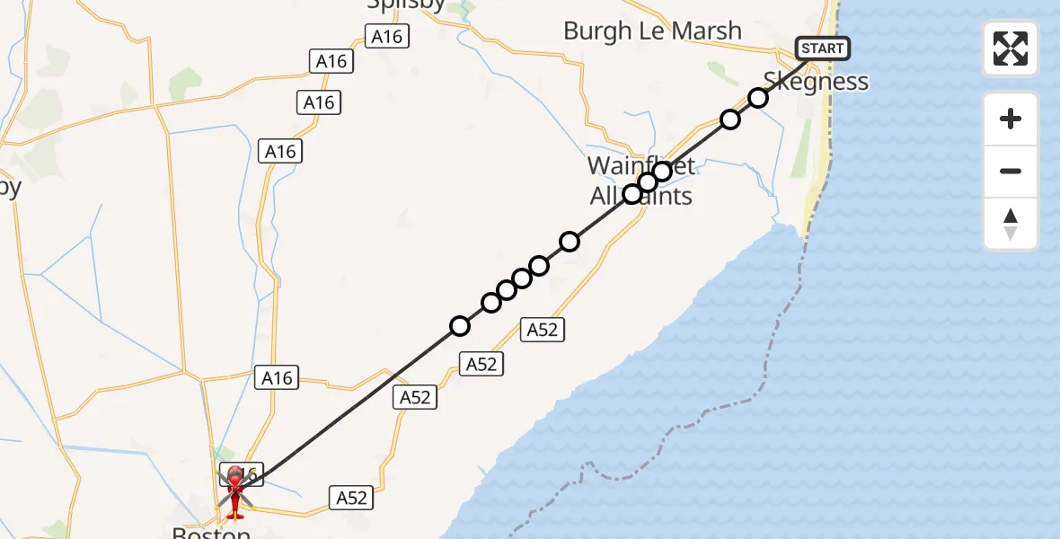 Flight route Air Ambulance Helicopter Skegness - Boston, 01 October 2026, 23:03