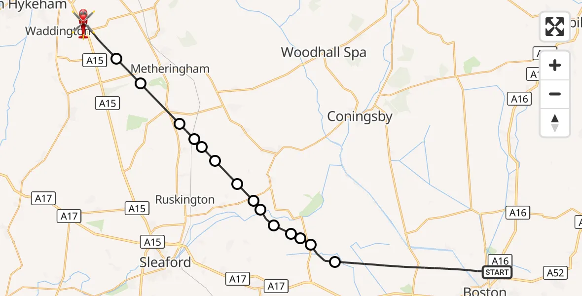 Flight route Air Ambulance Helicopter Boston - North Kesteven, 02 October 2026, 00:14