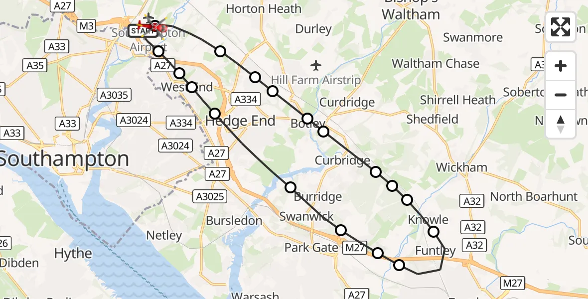 Flight route Air Ambulance Helicopter Southampton Airport - Southampton Airport, 02 October 2026, 00:15