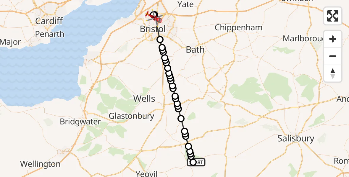 Flight route Air Ambulance Helicopter Henstridge Airfield - Bristol, 02 October 2026, 00:20