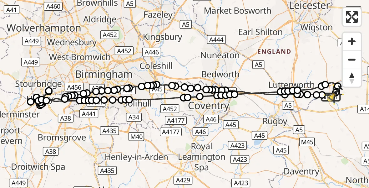 Flight route Police Helicopter Husbands Bosworth - Harborough, 02 October 2026, 00:56