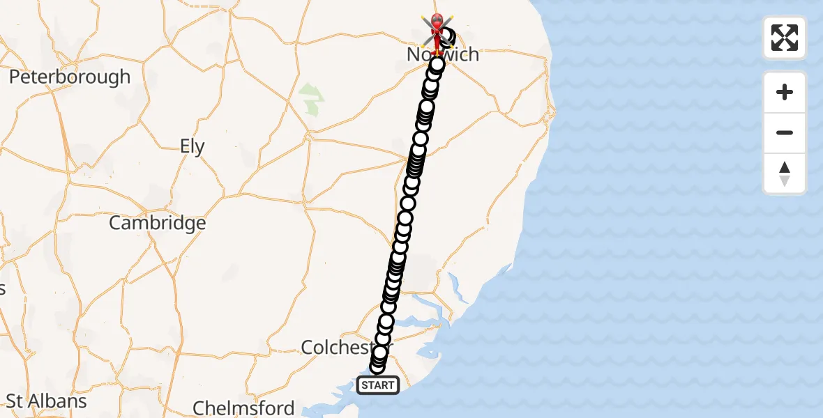 Flight route Air Ambulance Helicopter Brightlingsea - Norwich Airport, 02 October 2026, 01:37
