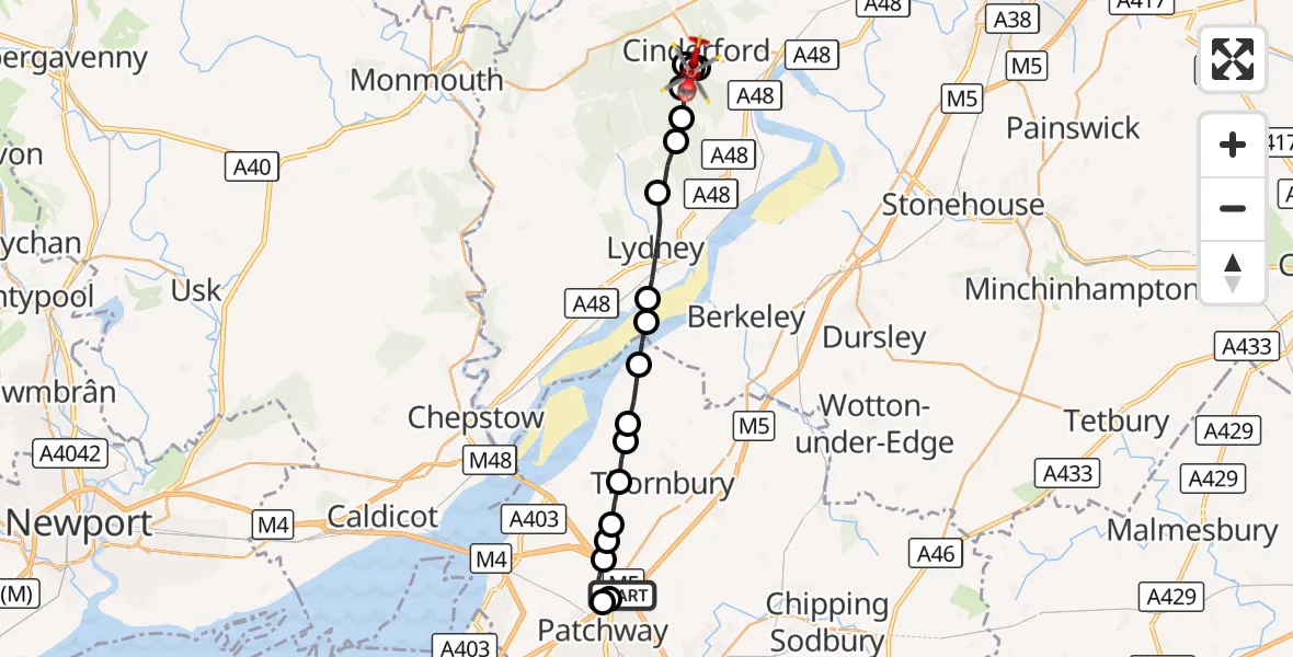 Flight route Air Ambulance Helicopter Almondsbury Helicopter Base - Cinderford, 02 October 2026, 06:47