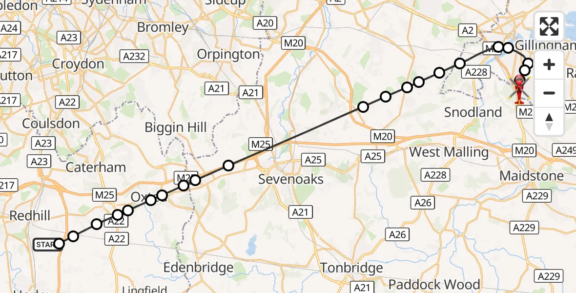 Flight route Air Ambulance Helicopter Redhill Aerodrome - Rochester Airport, 02 October 2026, 06:50