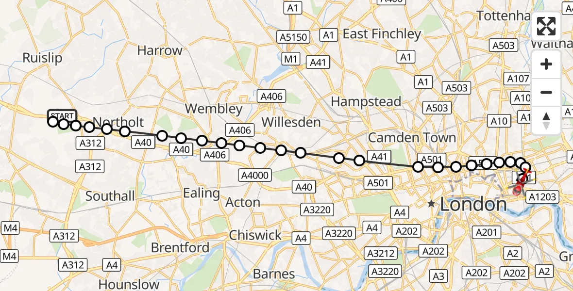 Flight route Air Ambulance Helicopter RAF Northolt - Royal London Hospital, 02 October 2026, 06:59