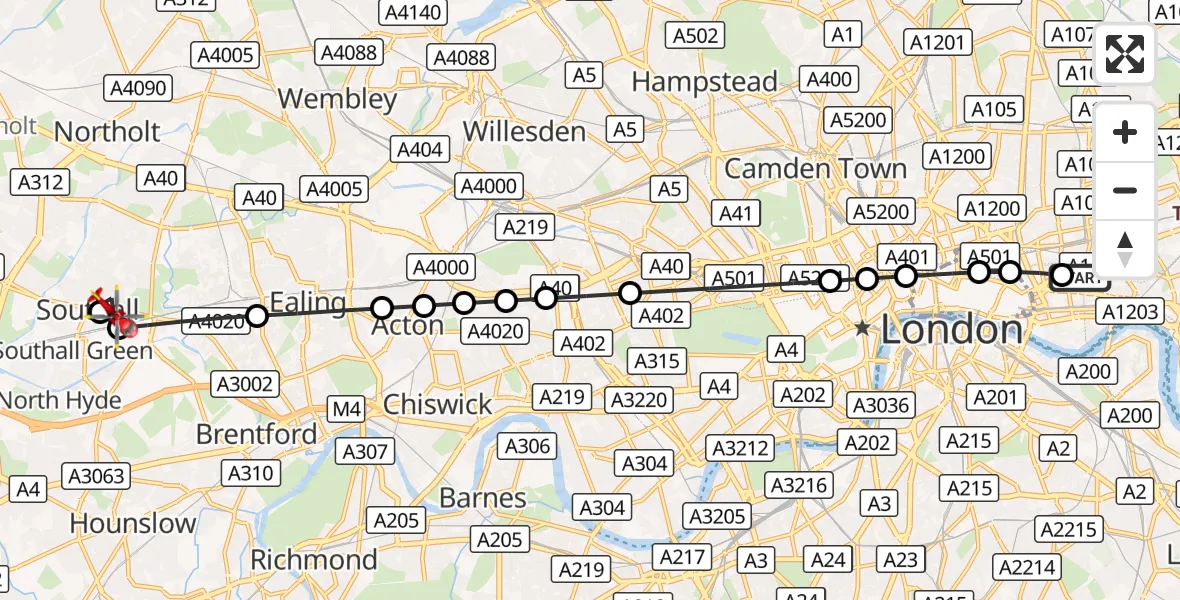 Flight route Air Ambulance Helicopter Royal London Hospital - Southall, 02 October 2026, 07:19