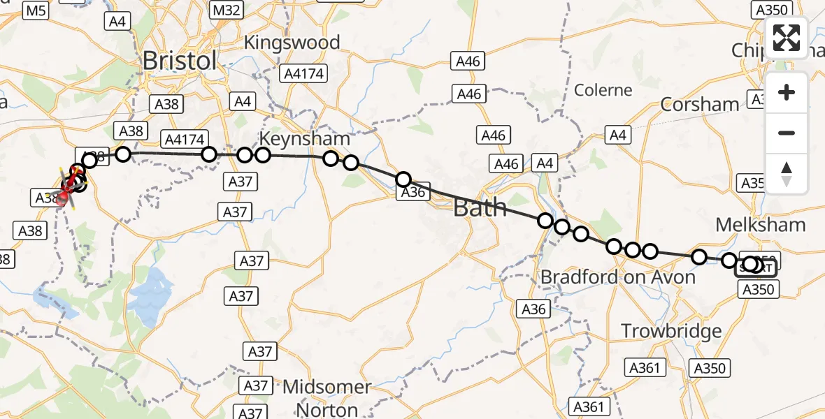 Flight route Air Ambulance Helicopter Wiltshire Air Ambulance - Winford, 02 October 2026, 07:39