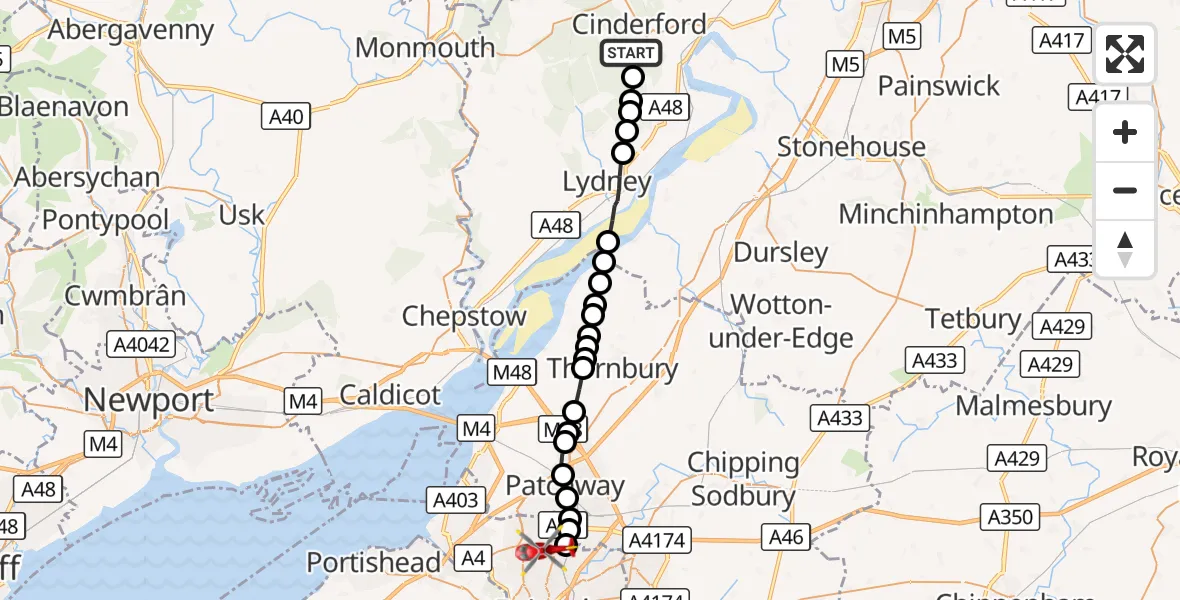 Flight route Air Ambulance Helicopter Ruspidge - Bristol, 02 October 2026, 07:52