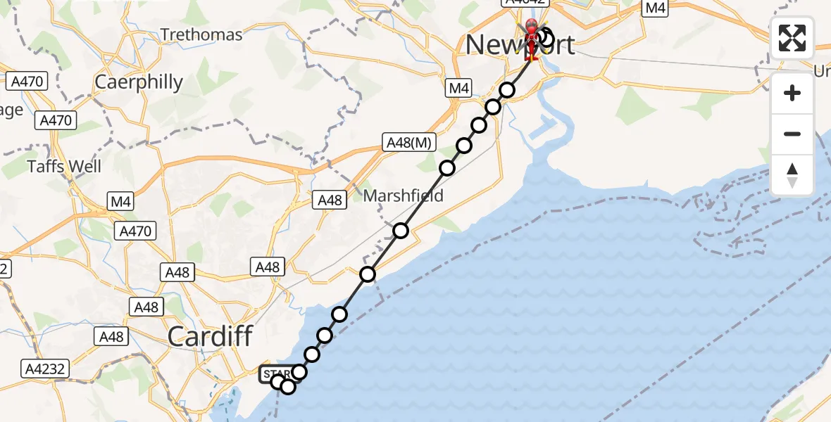 Flight route Air Ambulance Helicopter Cardiff Heliport - Pillgwenlly, 02 October 2026, 07:54
