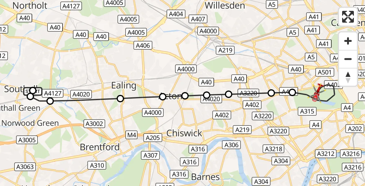 Flight route Air Ambulance Helicopter Ealing - City of Westminster, 02 October 2026, 08:06