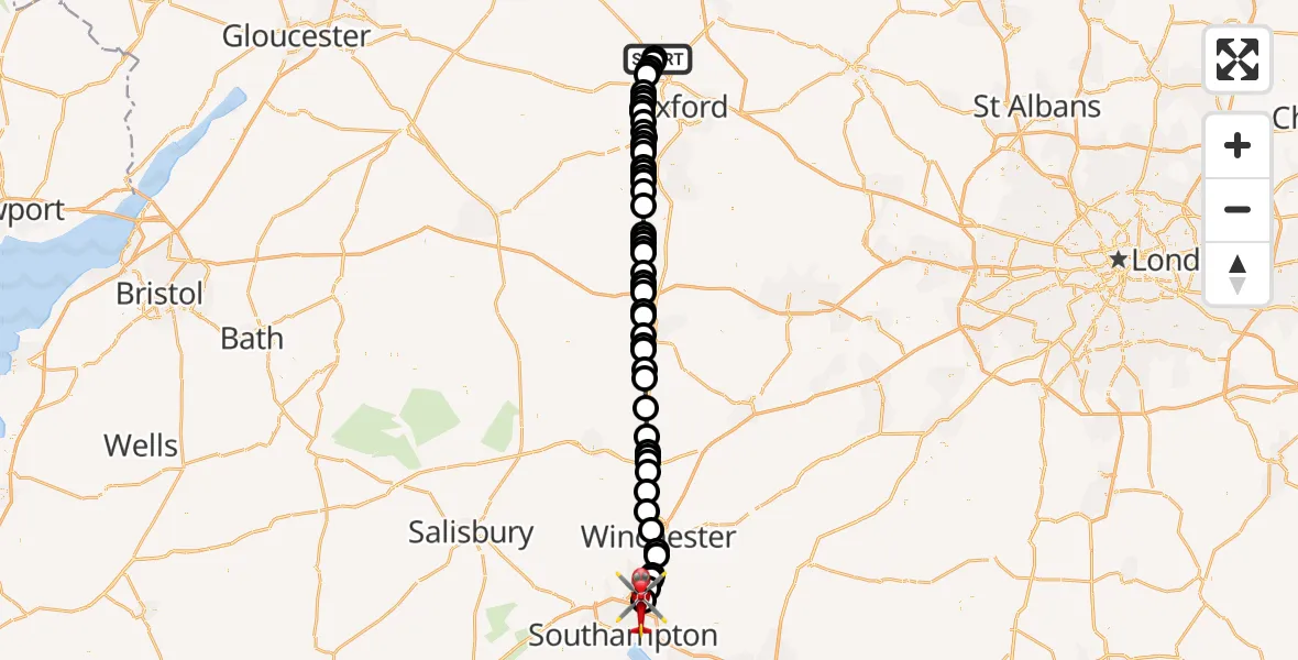 Flight route Air Ambulance Helicopter London Oxford Airport - Southampton Airport, 02 October 2026, 08:27