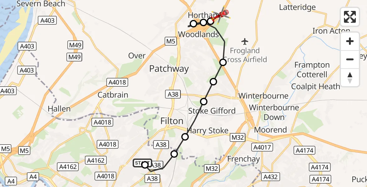 Flight route Air Ambulance Helicopter Southmead Hospital - Bristol, 02 October 2026, 08:40