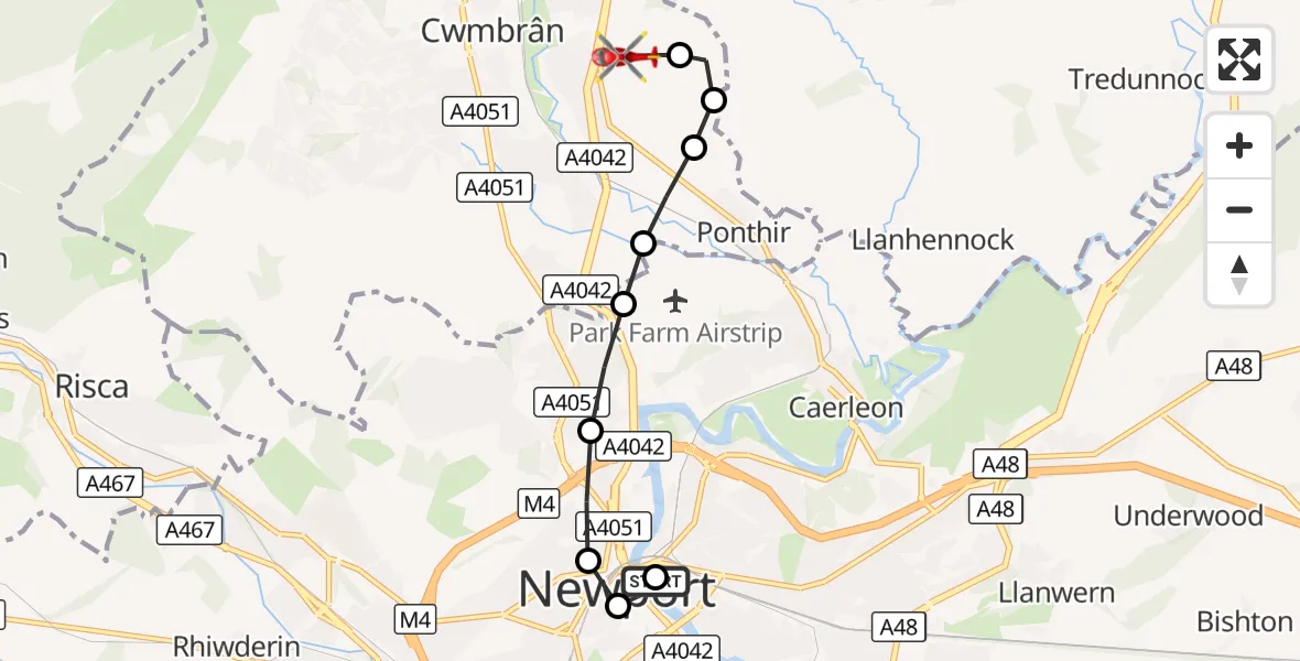 Flight route Air Ambulance Helicopter Victoria - Grange University Hospital Heliport, 02 October 2026, 08:48