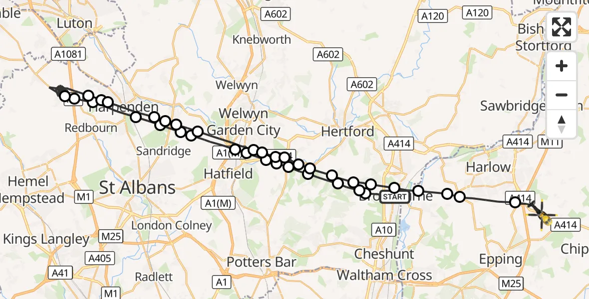 Flight route Police Helicopter Hoddesdon - North Weald Bassett, 02 October 2026, 08:52