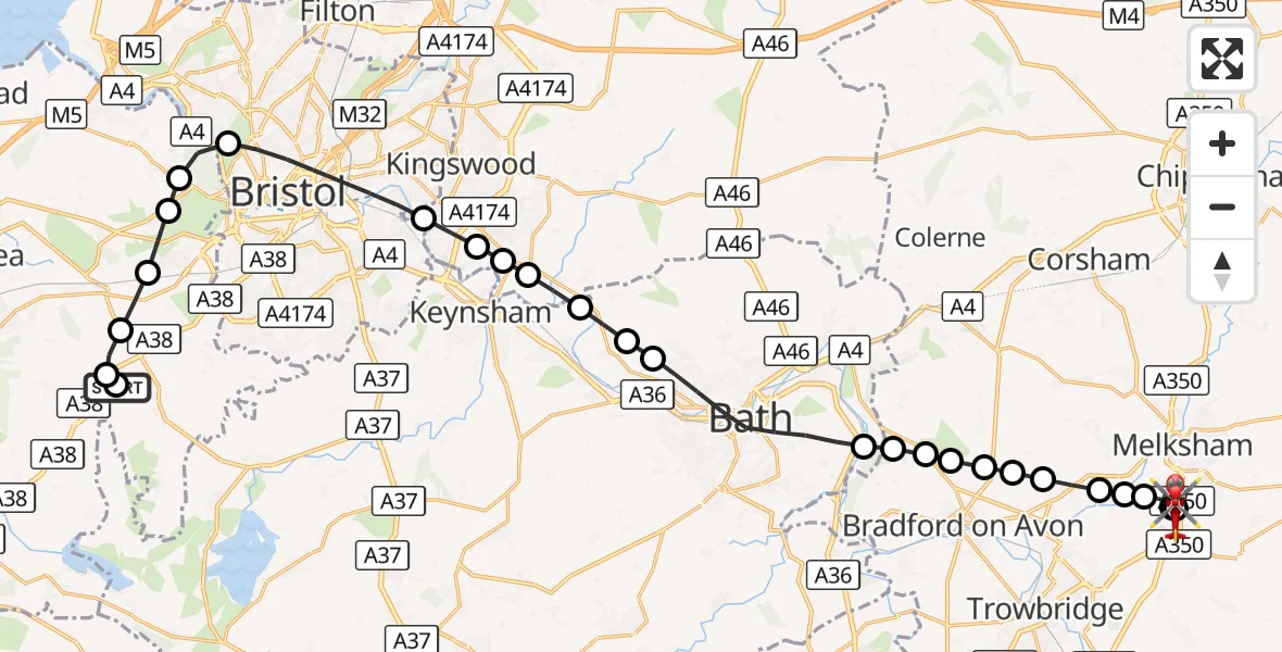 Flight route Air Ambulance Helicopter New Farm Airstrip - Wiltshire Air Ambulance, 02 October 2026, 08:56