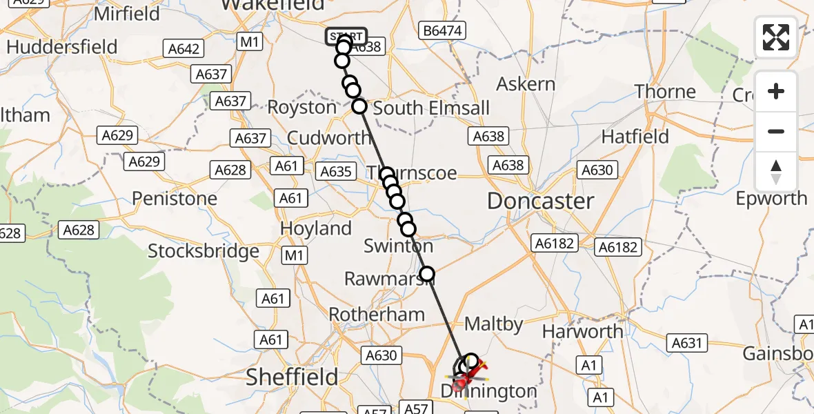 Flight route Air Ambulance Helicopter YAA Nostell Helicopter Port - Dinnington, 02 October 2026, 08:59