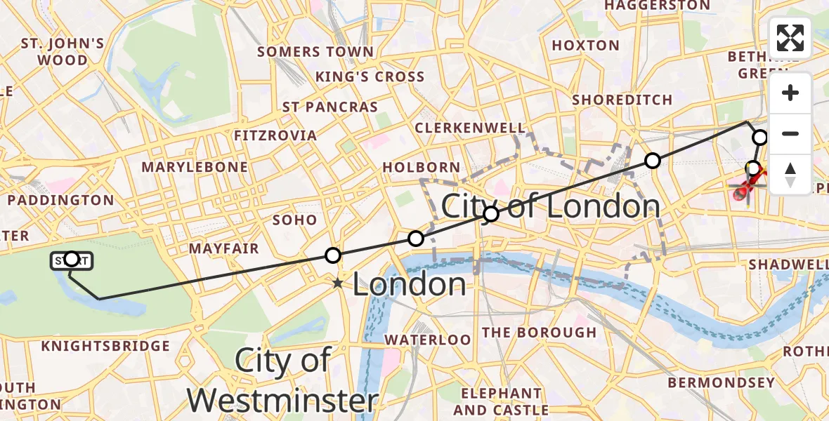 Flight route Air Ambulance Helicopter City of Westminster - Royal London Hospital, 02 October 2026, 09:08