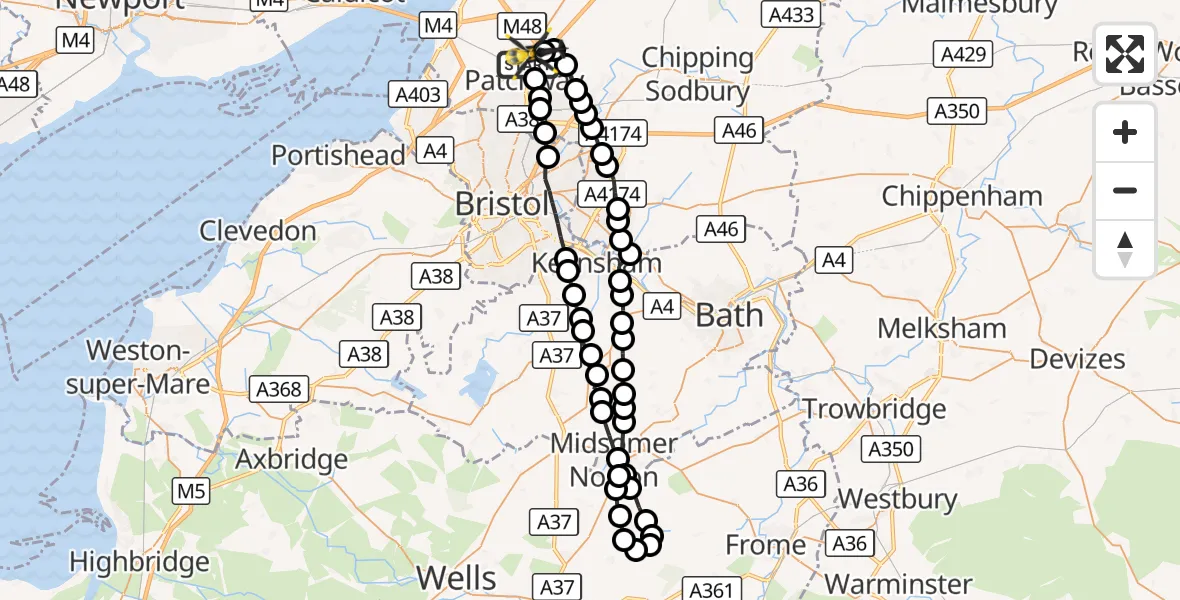 Flight route Police Helicopter Patchway - Almondsbury Helicopter Base, 02 October 2026, 09:11