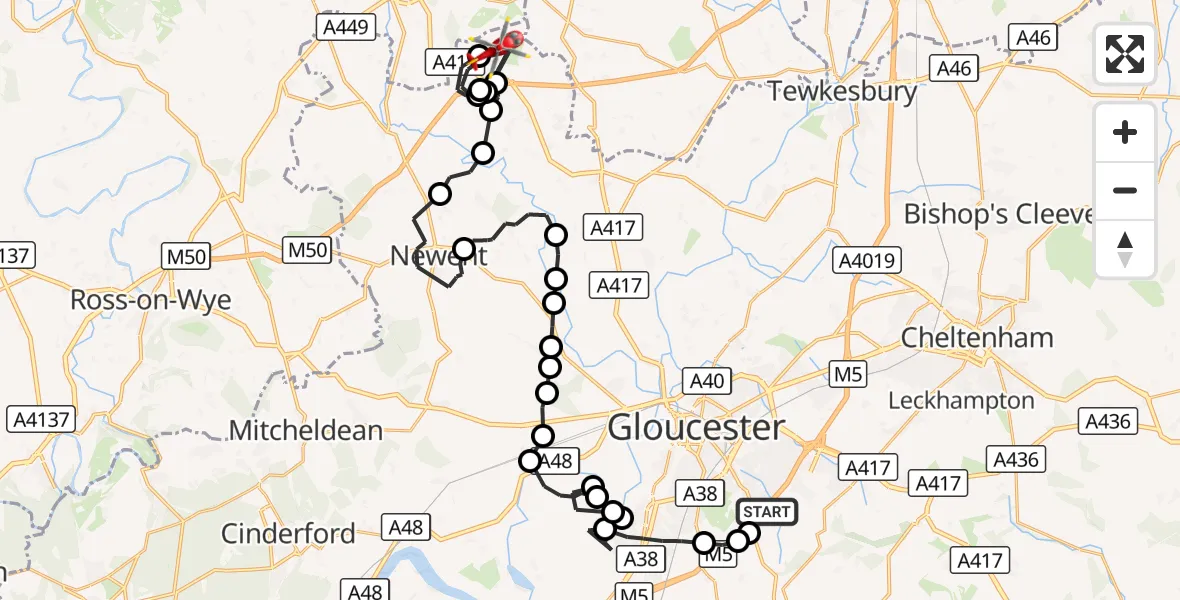 Flight route Air Ambulance Helicopter Stroud - Bromsberrow, 02 October 2026, 09:11