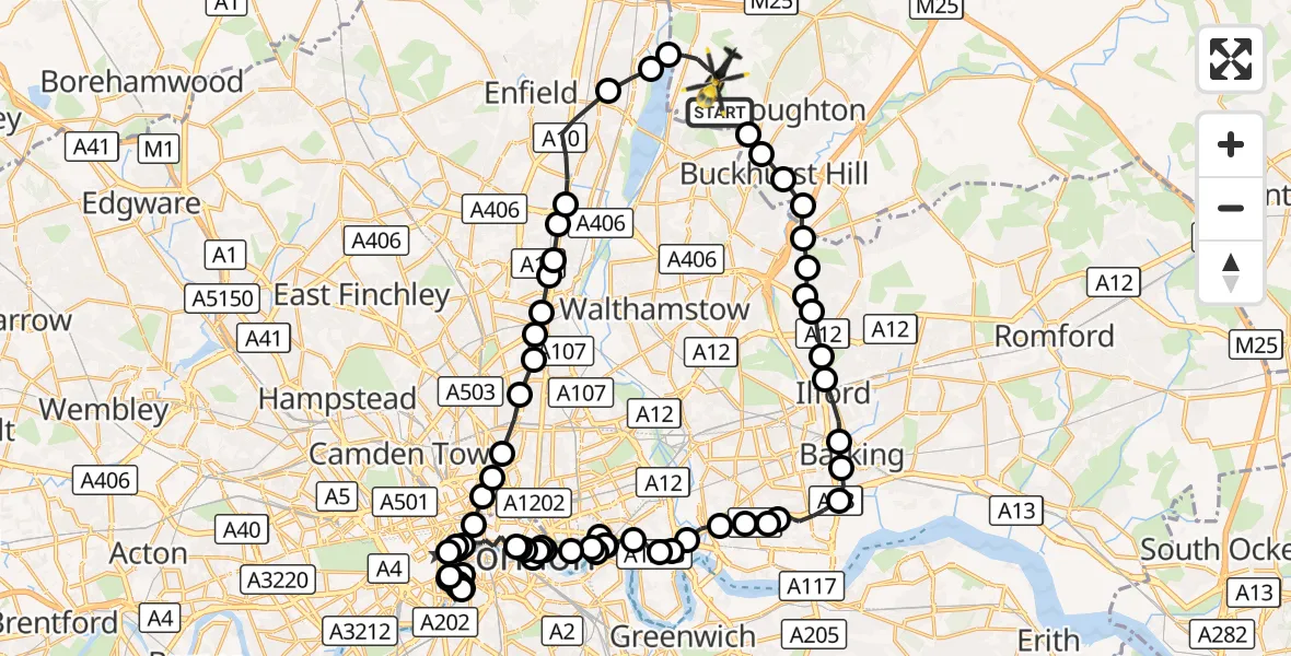 Flight route Police Helicopter Sewardstonebury - Epping Forest, 02 October 2026, 09:23