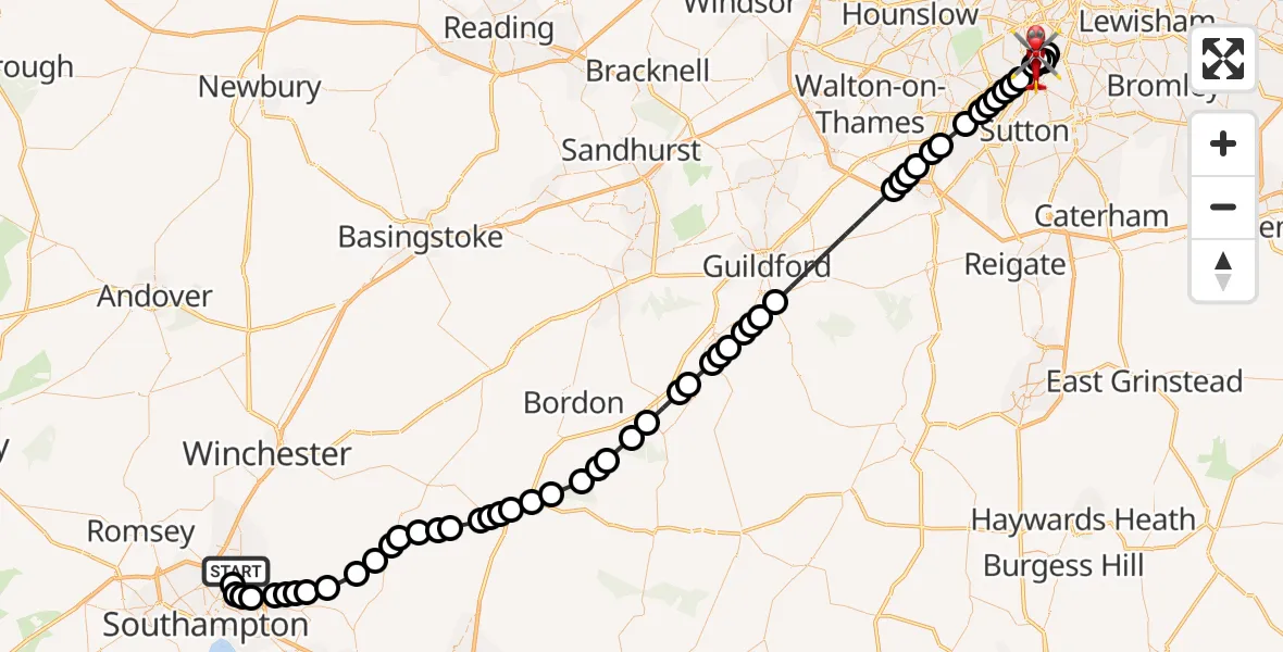 Flight route Air Ambulance Helicopter Southampton Airport - St Georges Hospital, 02 October 2026, 09:41