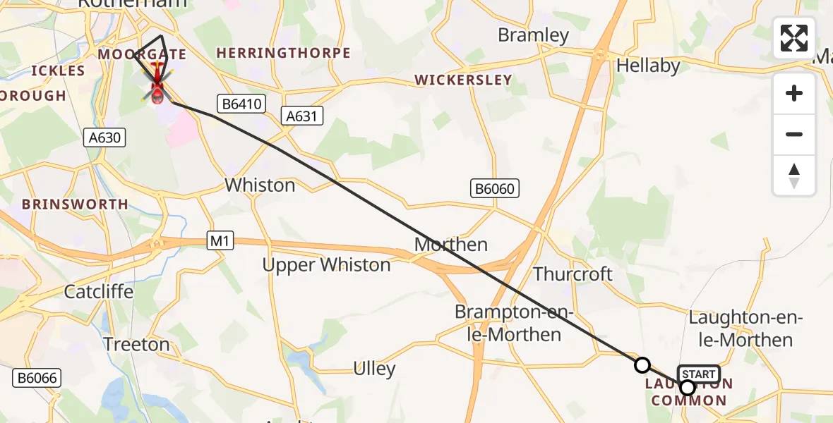 Flight route Air Ambulance Helicopter Dinnington - Rotherham, 02 October 2026, 09:50