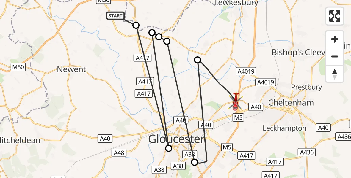 Flight route Air Ambulance Helicopter Forest of Dean - Tewkesbury, 02 October 2026, 10:02