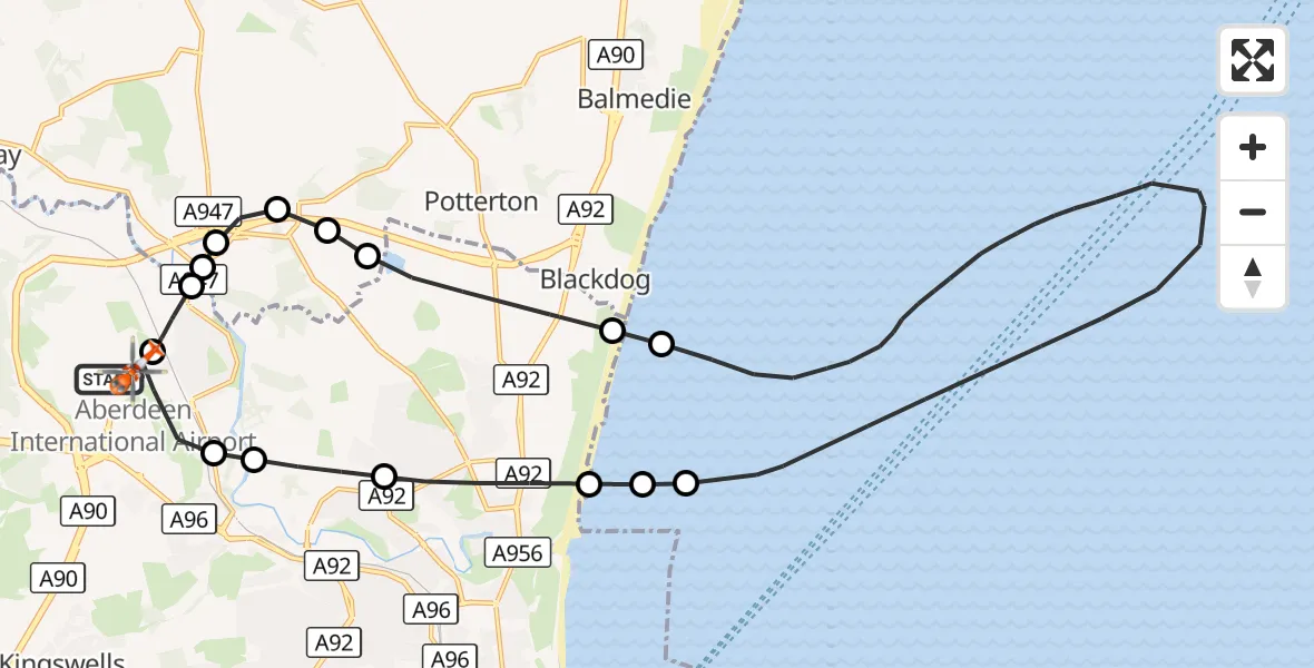 Flight route Coastguard Helicopter Aberdeen International Airport - Aberdeen International Airport, 02 October 2026, 10:12