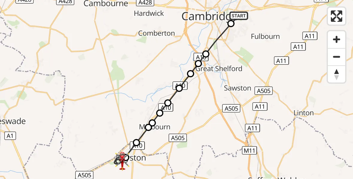 Flight route Air Ambulance Helicopter Cambridge City Airport - Therfield, 02 October 2026, 10:25
