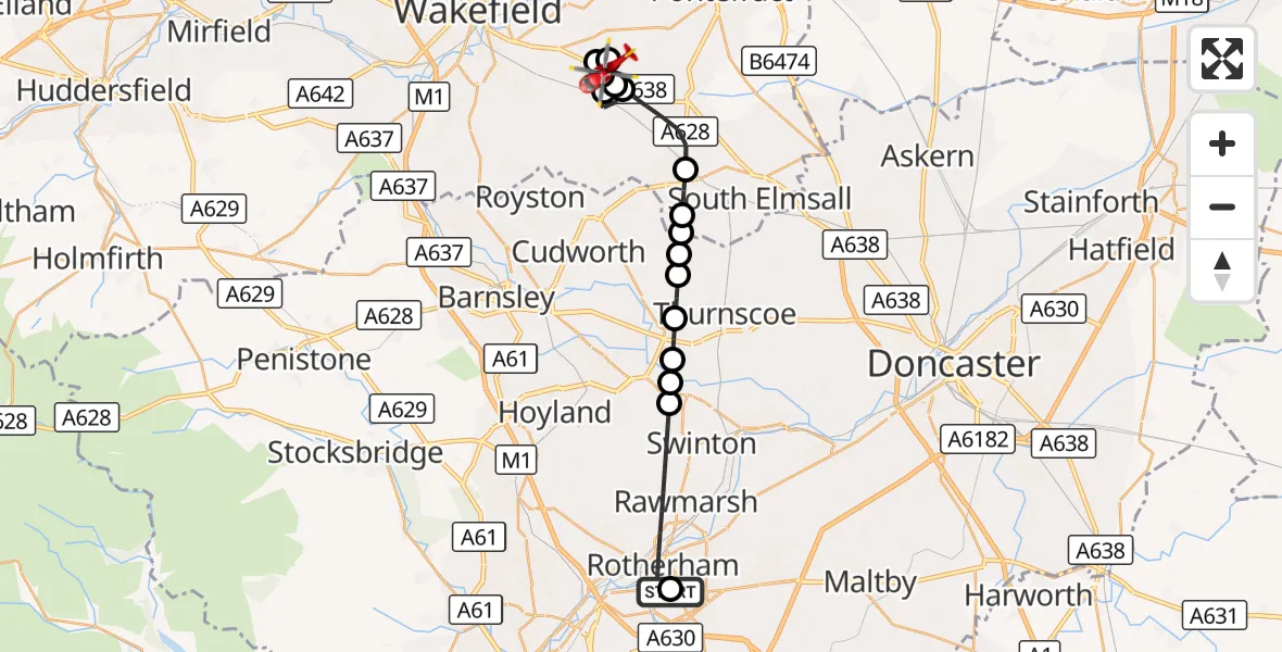 Flight route Air Ambulance Helicopter Rotherham - YAA Nostell Helicopter Port, 02 October 2026, 10:31