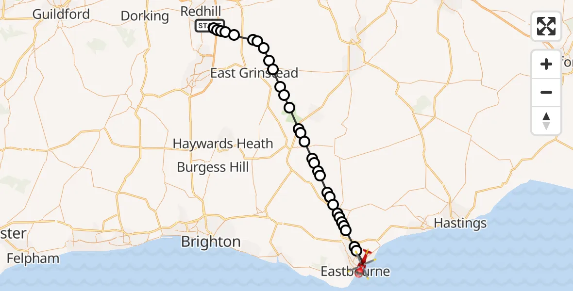 Flight route Air Ambulance Helicopter Redhill Aerodrome - Eastbourne, 02 October 2026, 10:45