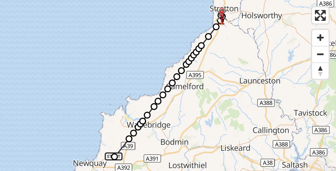 Flight route Air Ambulance Helicopter Cornwall Airport Newquay - Marhamchurch, 02 October 2026, 10:53