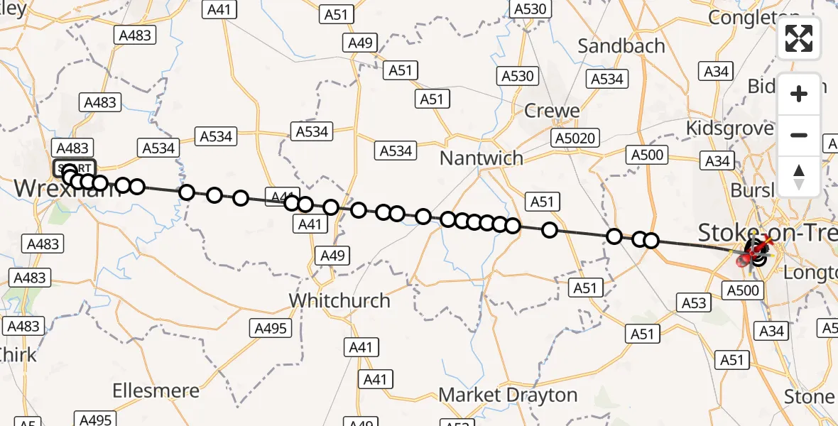 Flight route Air Ambulance Helicopter Pandy - University Hospital North Staffs, 02 October 2026, 11:29