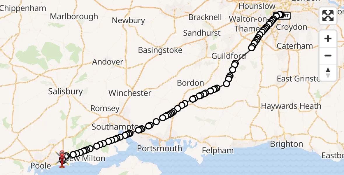 Flight route Air Ambulance Helicopter St Georges Hospital - Royal Bournemouth Hospital, 02 October 2026, 11:33