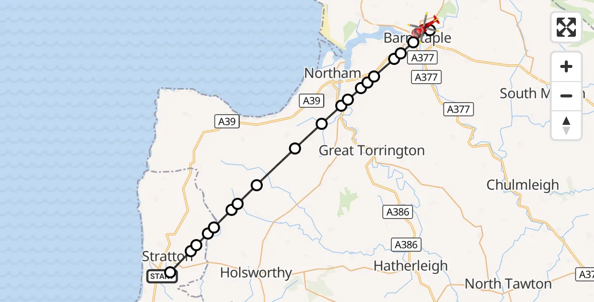 Flight route Air Ambulance Helicopter Marhamchurch - North Devon, 02 October 2026, 11:42