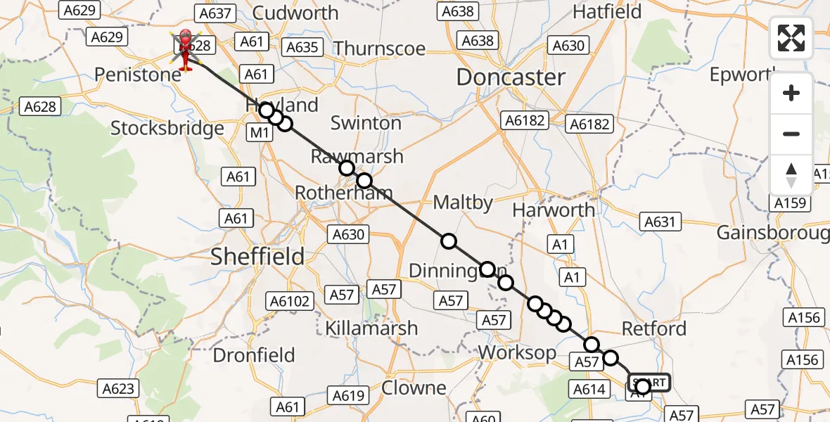 Flight route Air Ambulance Helicopter Retford Gamston Airport - Barnsley, 02 October 2026, 11:42