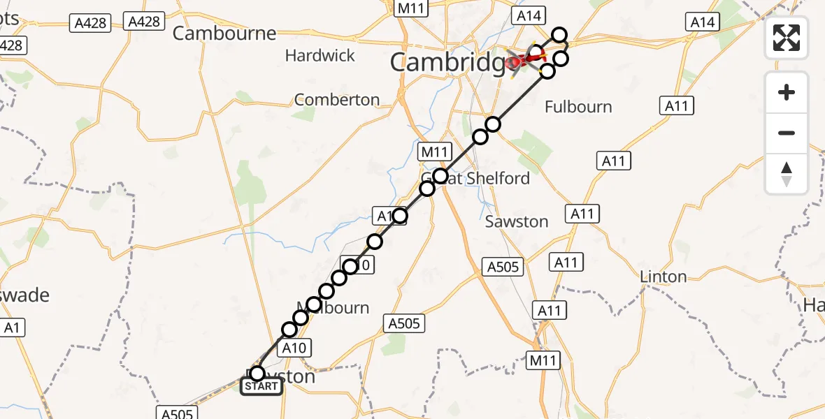 Flight route Air Ambulance Helicopter Therfield - Cambridge City Airport, 02 October 2026, 11:51