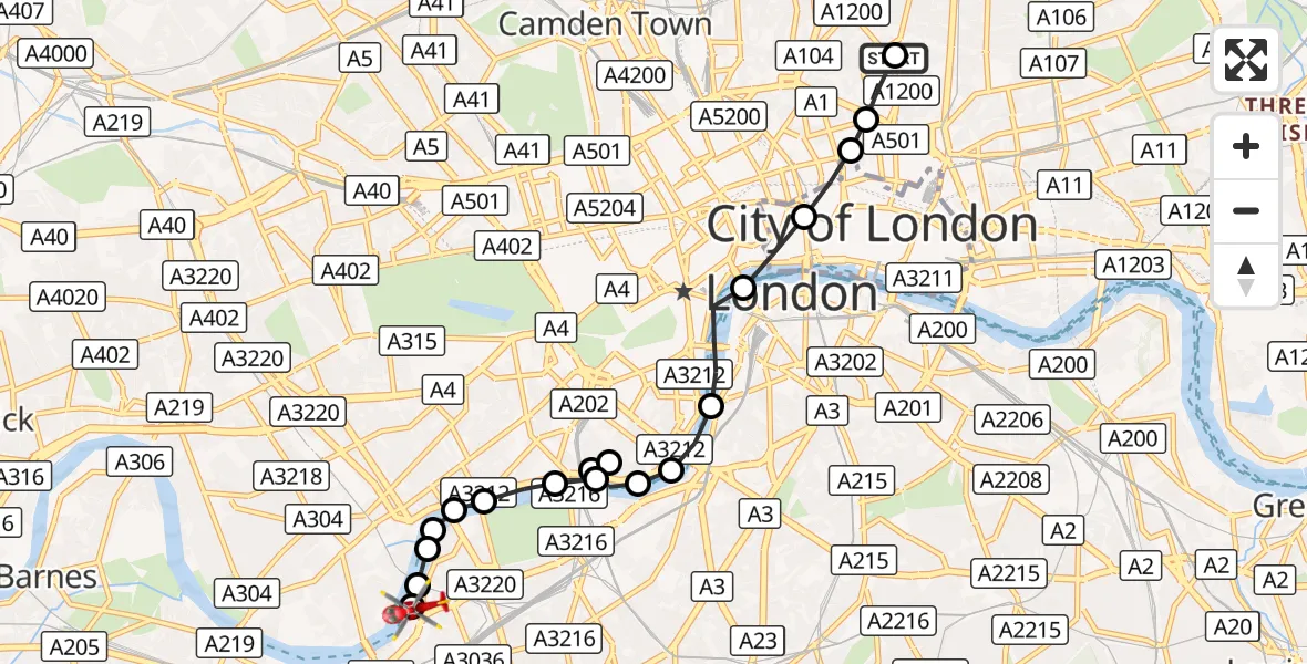 Flight route Air Ambulance Helicopter Hoxton - London Heliport, 02 October 2026, 12:04