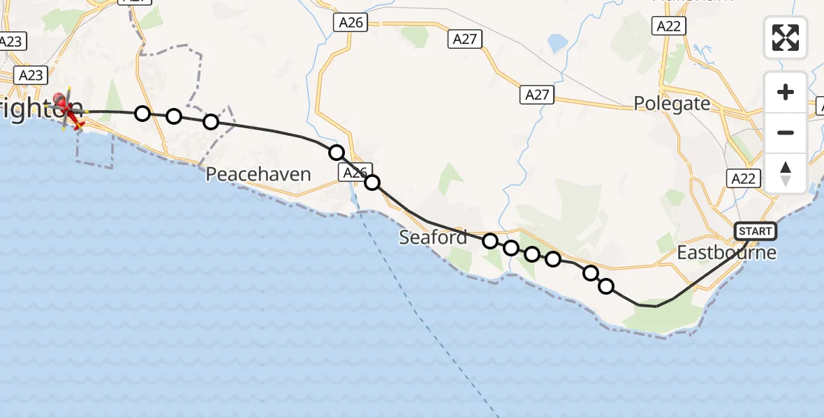 Flight route Air Ambulance Helicopter Eastbourne - Brighton, 02 October 2026, 12:06