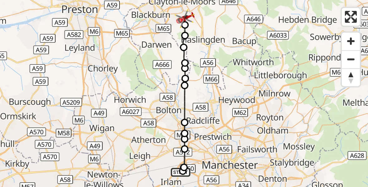 Flight route Air Ambulance Helicopter Manchester Barton Aerodrome - Broadfield, 02 October 2026, 12:10
