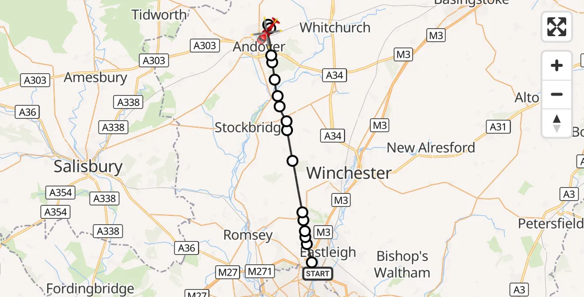 Flight route Air Ambulance Helicopter Mansbridge - Andover, 02 October 2026, 12:10