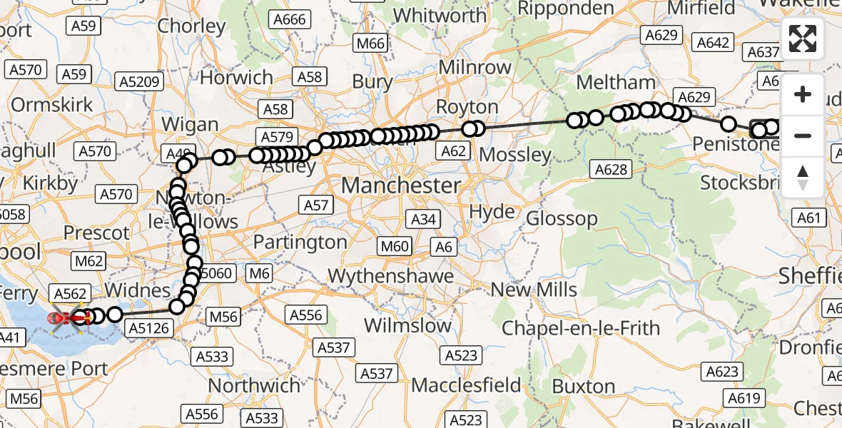 Flight route Air Ambulance Helicopter Barnsley - Liverpool John Lennon Airport, 02 October 2026, 12:20