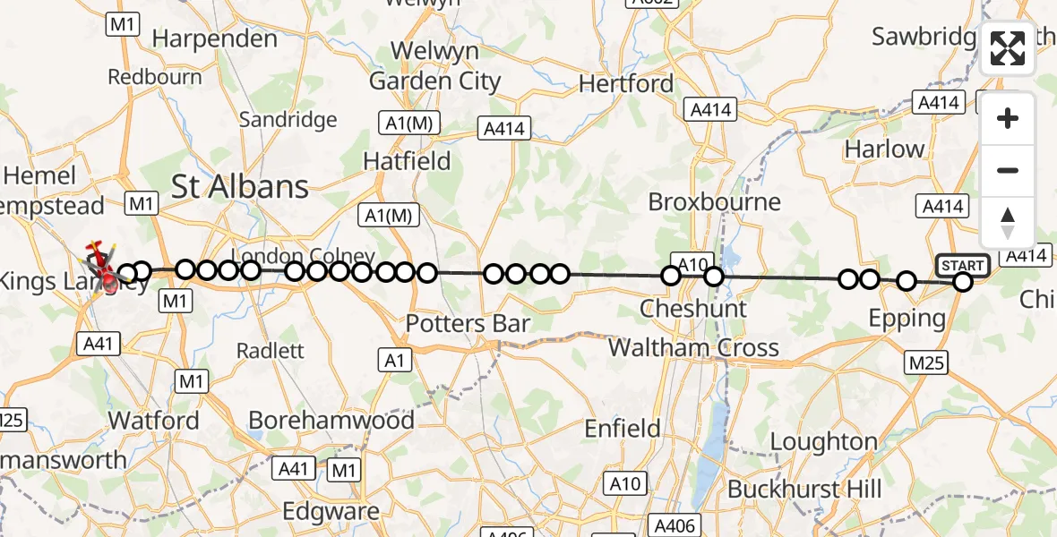 Flight route Air Ambulance Helicopter North Weald Airfield - Abbots Langley, 02 October 2026, 12:23