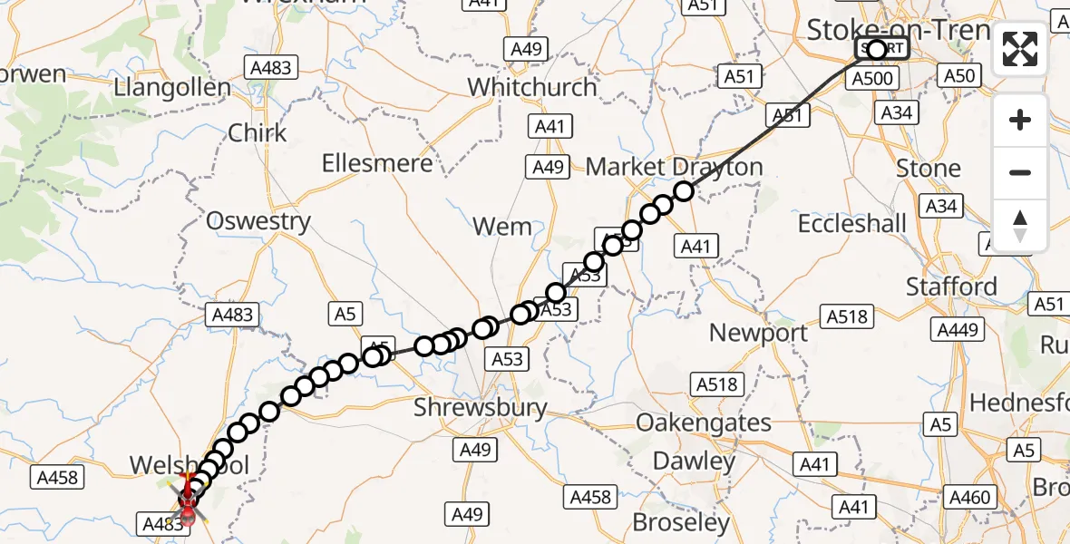 Flight route Air Ambulance Helicopter University Hospital North Staffs - Welshpool Airport, 02 October 2026, 12:25