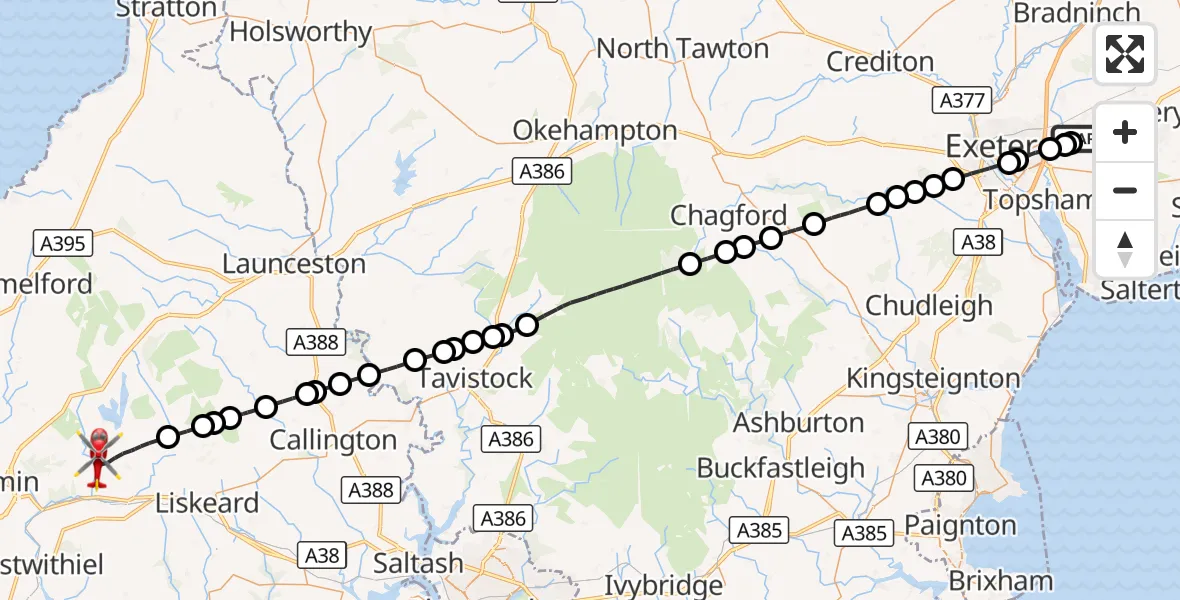 Flight route Air Ambulance Helicopter Exeter International Airport - St. Neot, 02 October 2026, 12:34