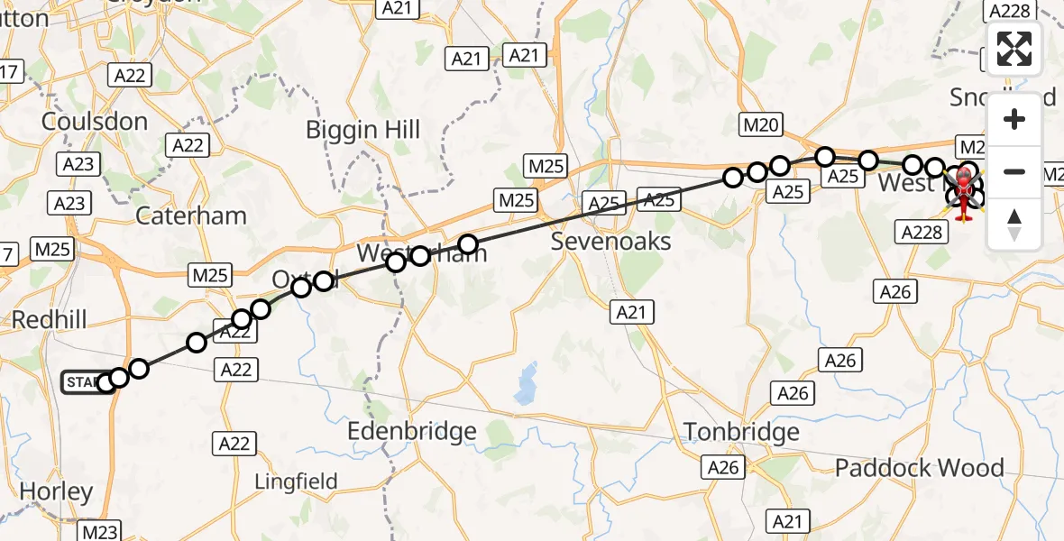 Flight route Air Ambulance Helicopter Redhill Aerodrome - Kings Hill, 02 October 2026, 12:40